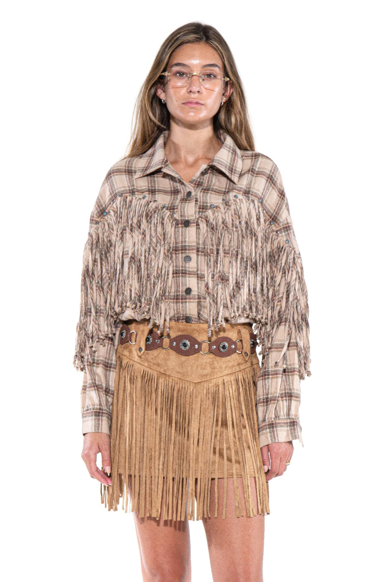 Plaid Fringe Button-Up Shirt in Khaki Combo Secondary image