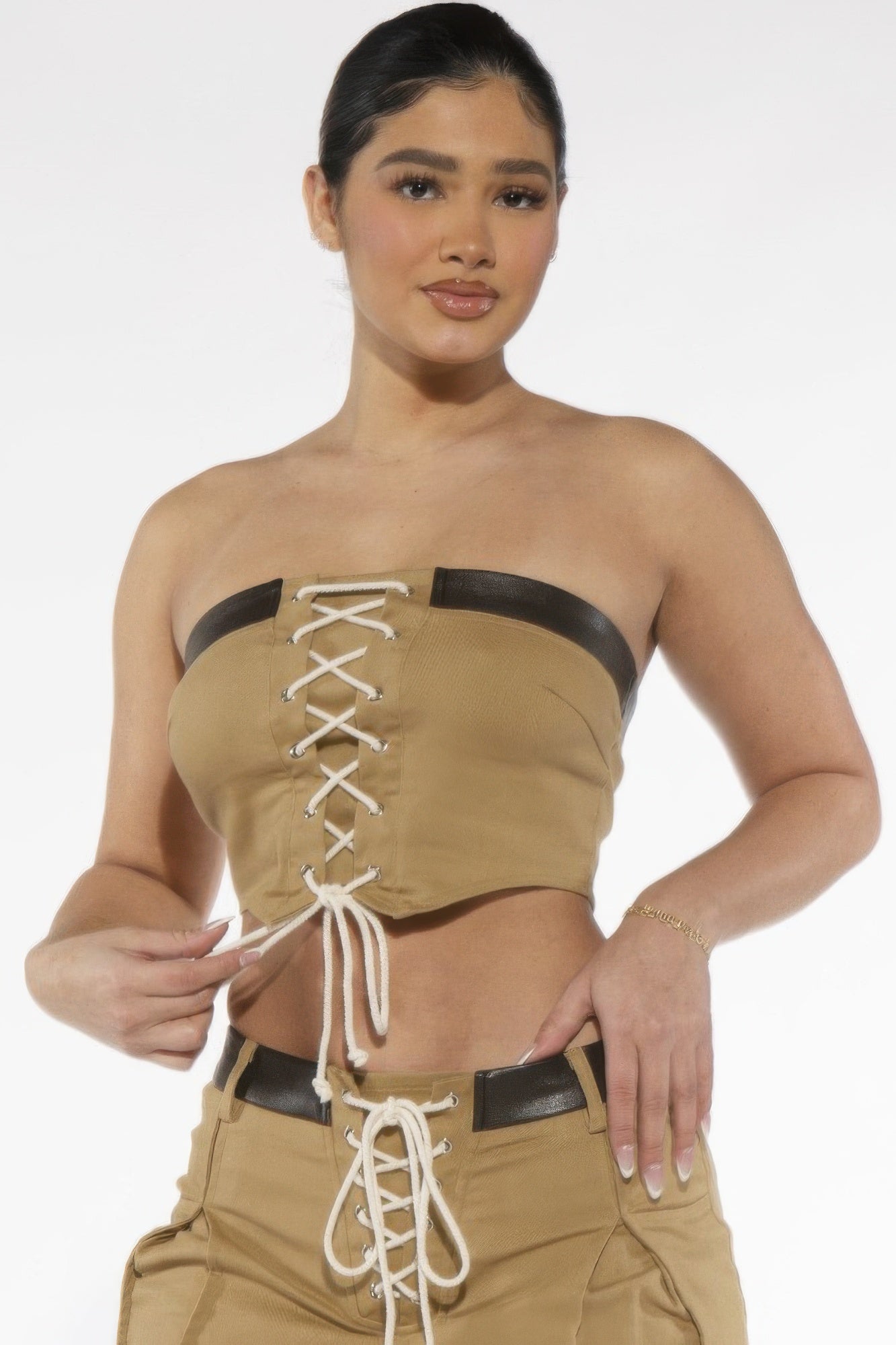 Khaki Off-Shoulder Lace-Up Corset Top Secondary image