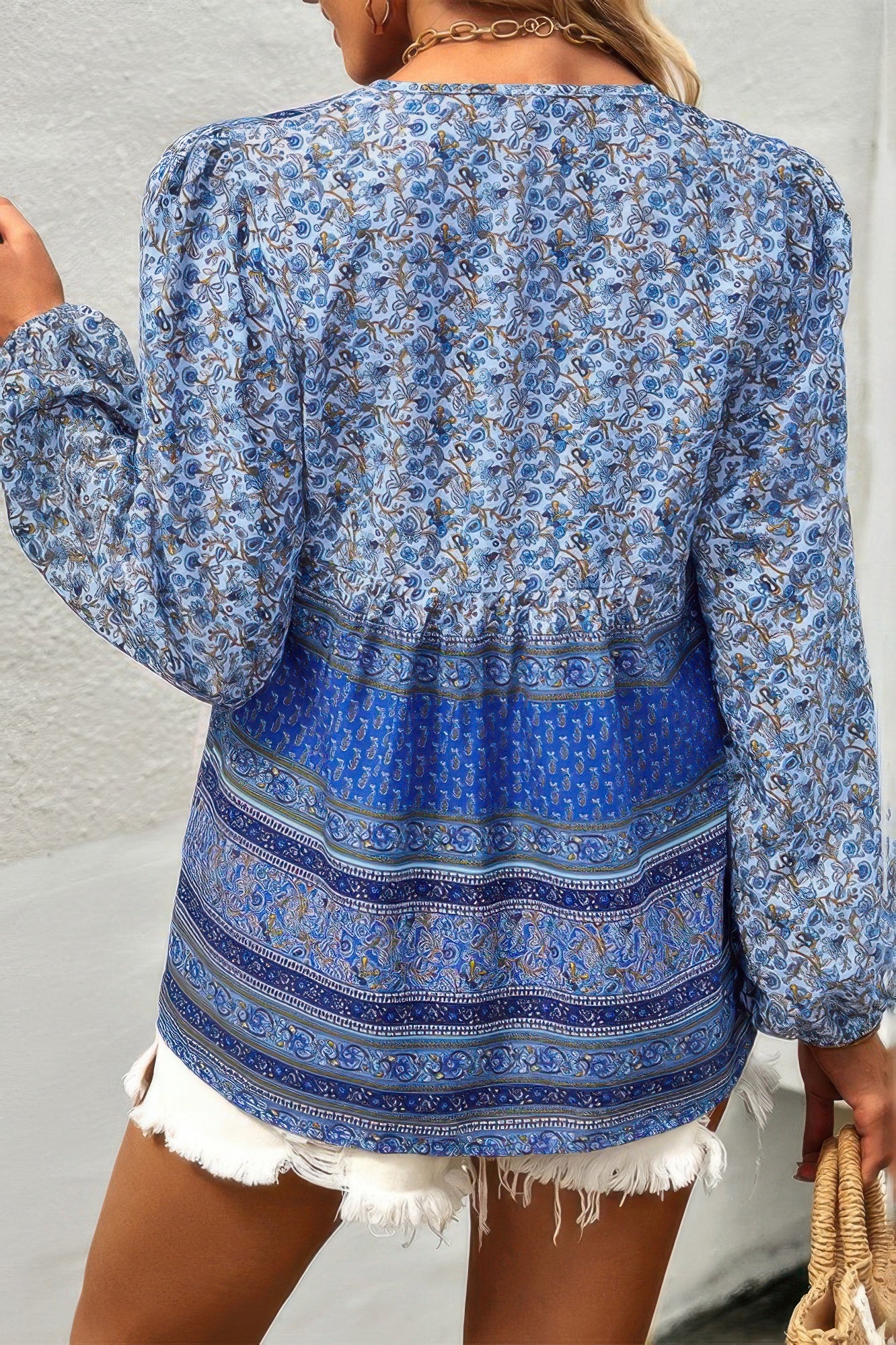 Floral Tie-Neck Tunic Top with Long Sleeves Secondary image