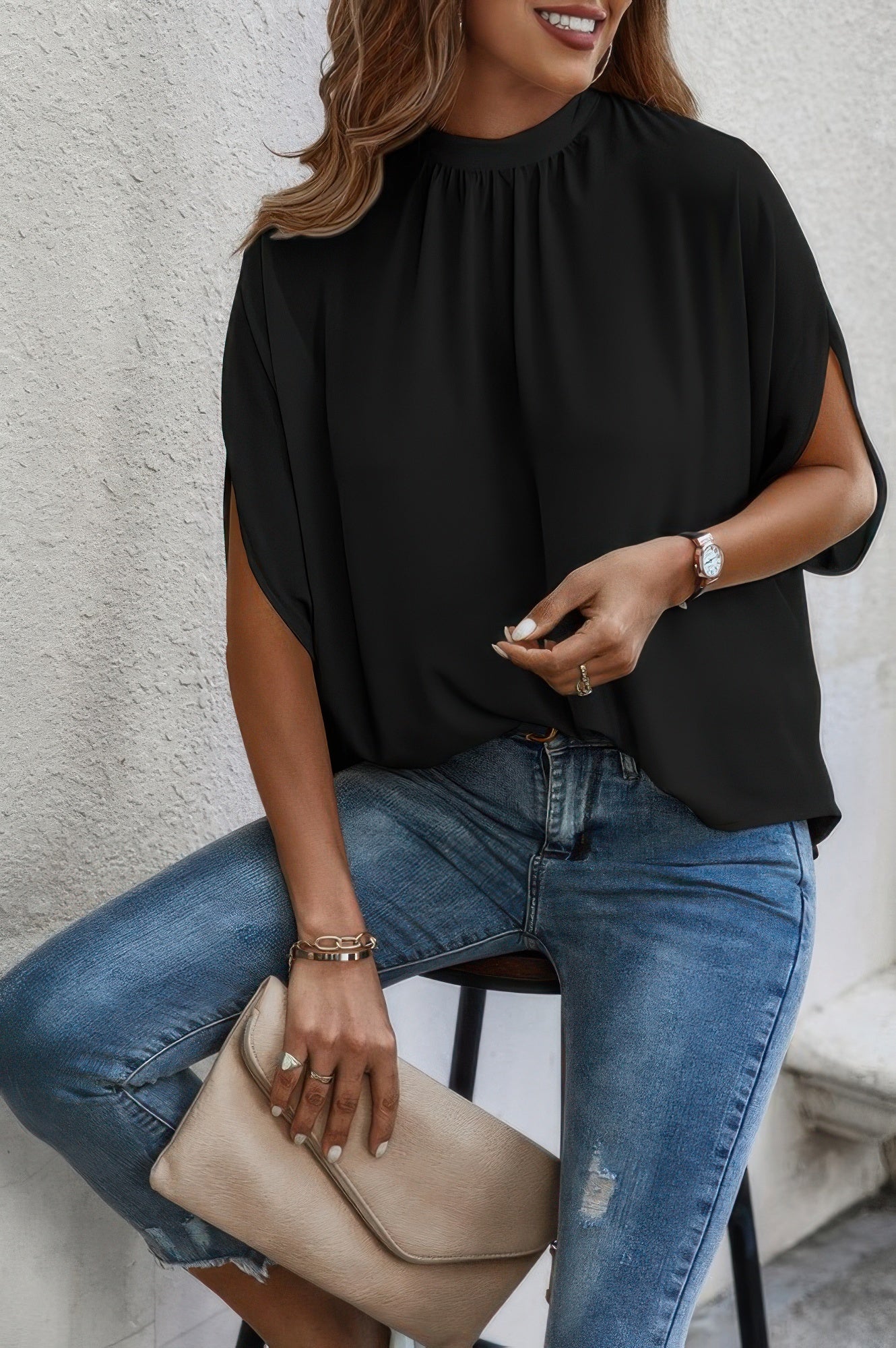 Mock Neck Batwing Sleeve Loose Blouse Secondary image