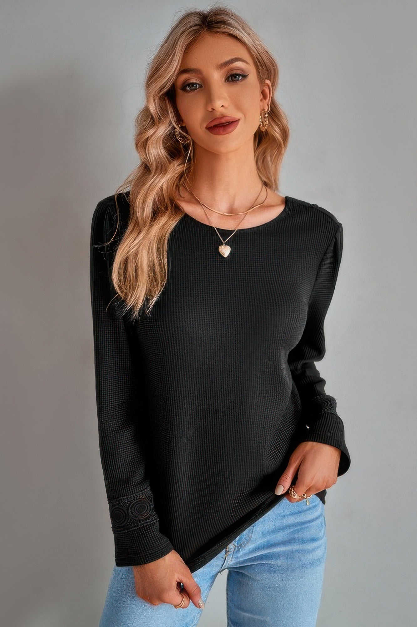 Black Lace-Trim V-Neck Knit Top Secondary image