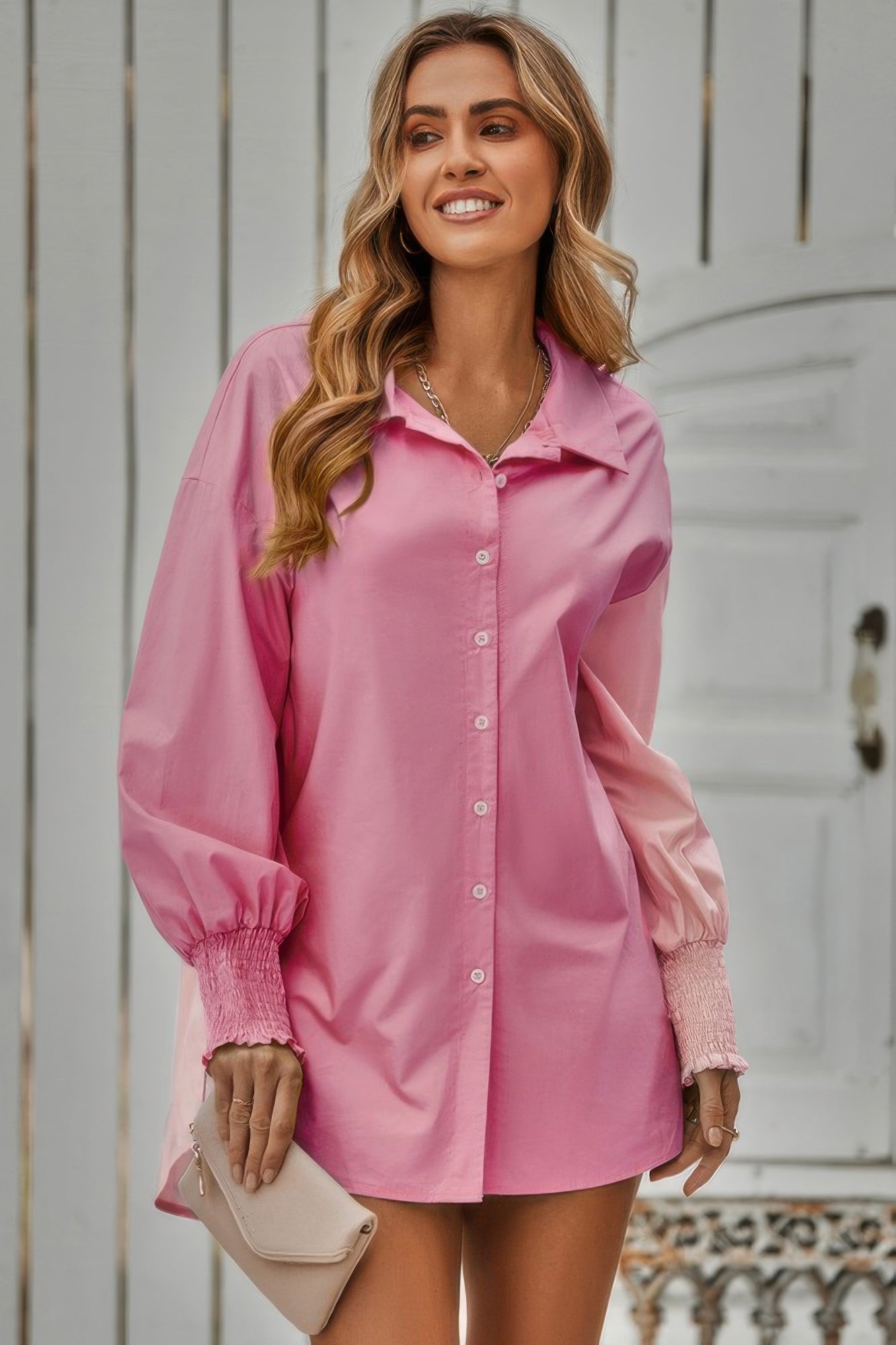 Two-Tone Button-Front Blouse with Smocked Cuffs Secondary image