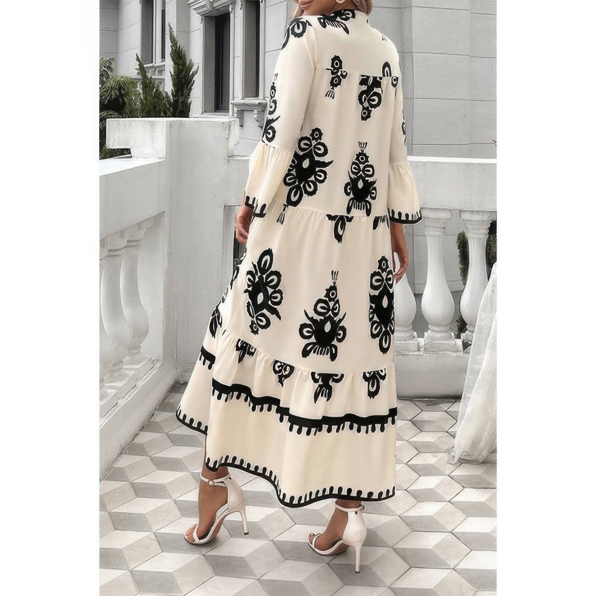 Printed V-Neck Button-Front Tiered Dress Secondary image