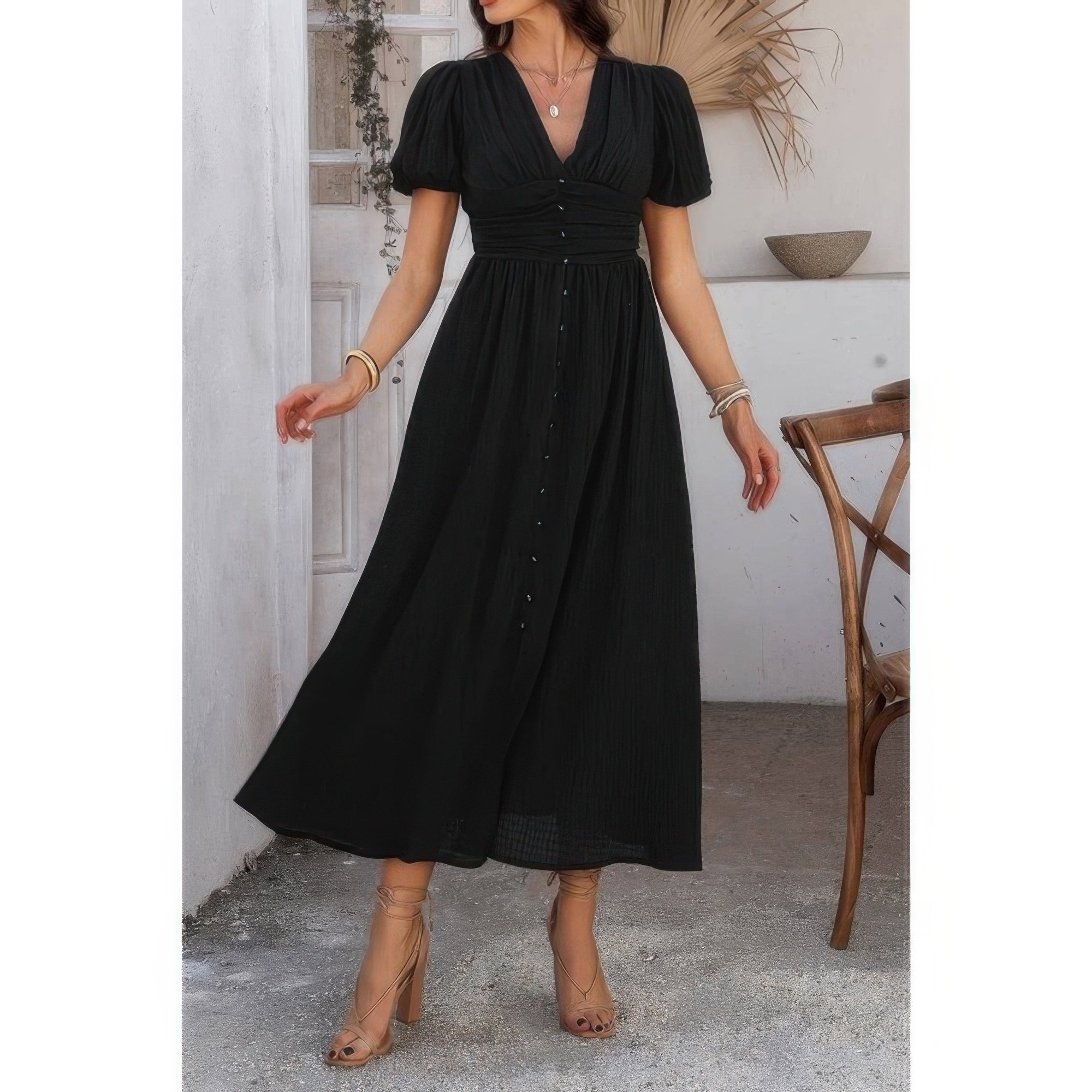 V-Neck Puff Sleeve Maxi Dress with Front Knot Detail Secondary image