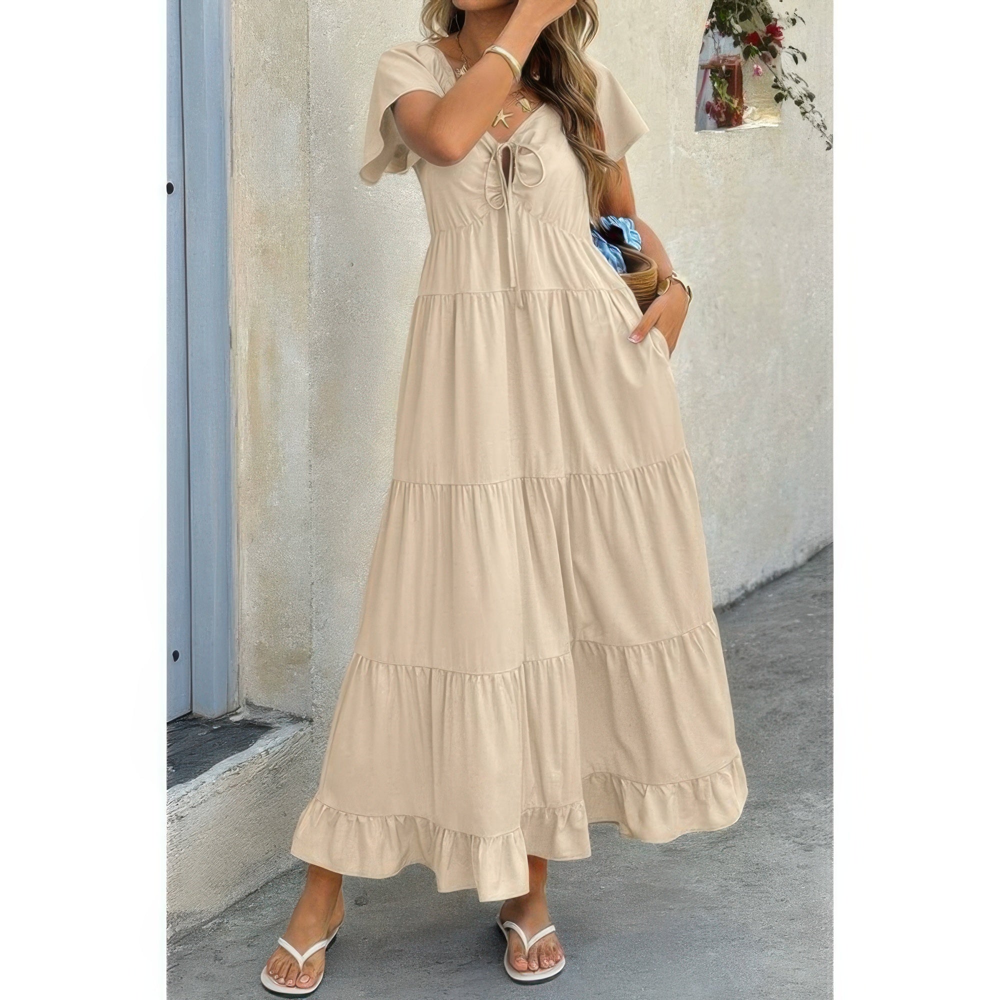 Khaki Tie-Front Tiered Maxi Dress Secondary image