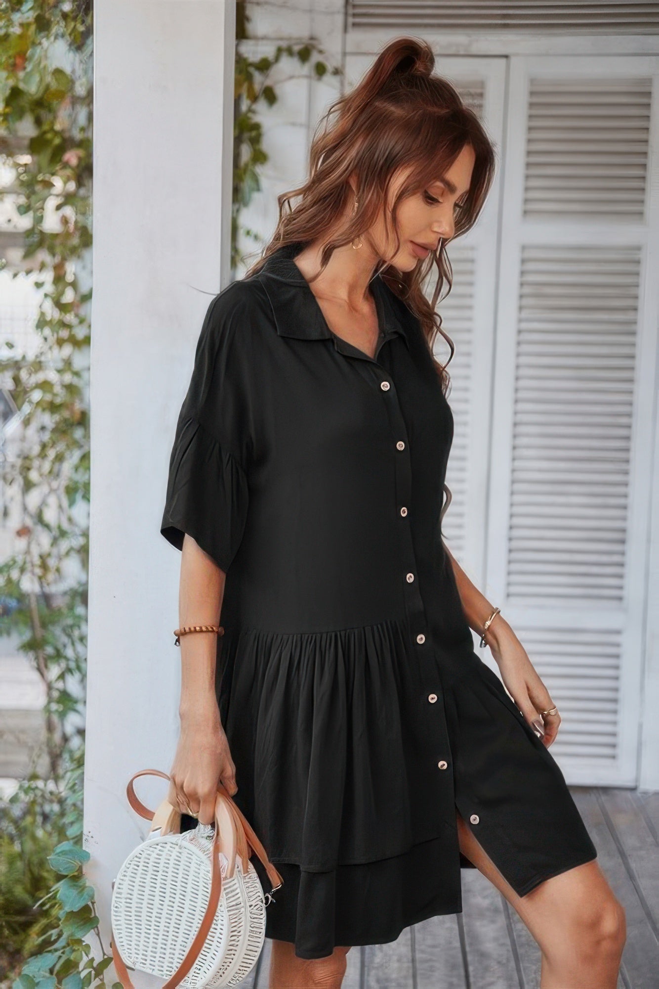 Black Button-Front Ruffle Hem Tunic Dress Secondary image