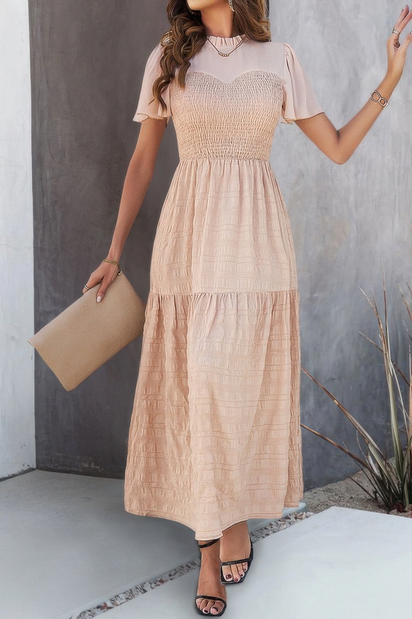 Khaki Shirred Bodice Tiered Midi Dress Secondary image