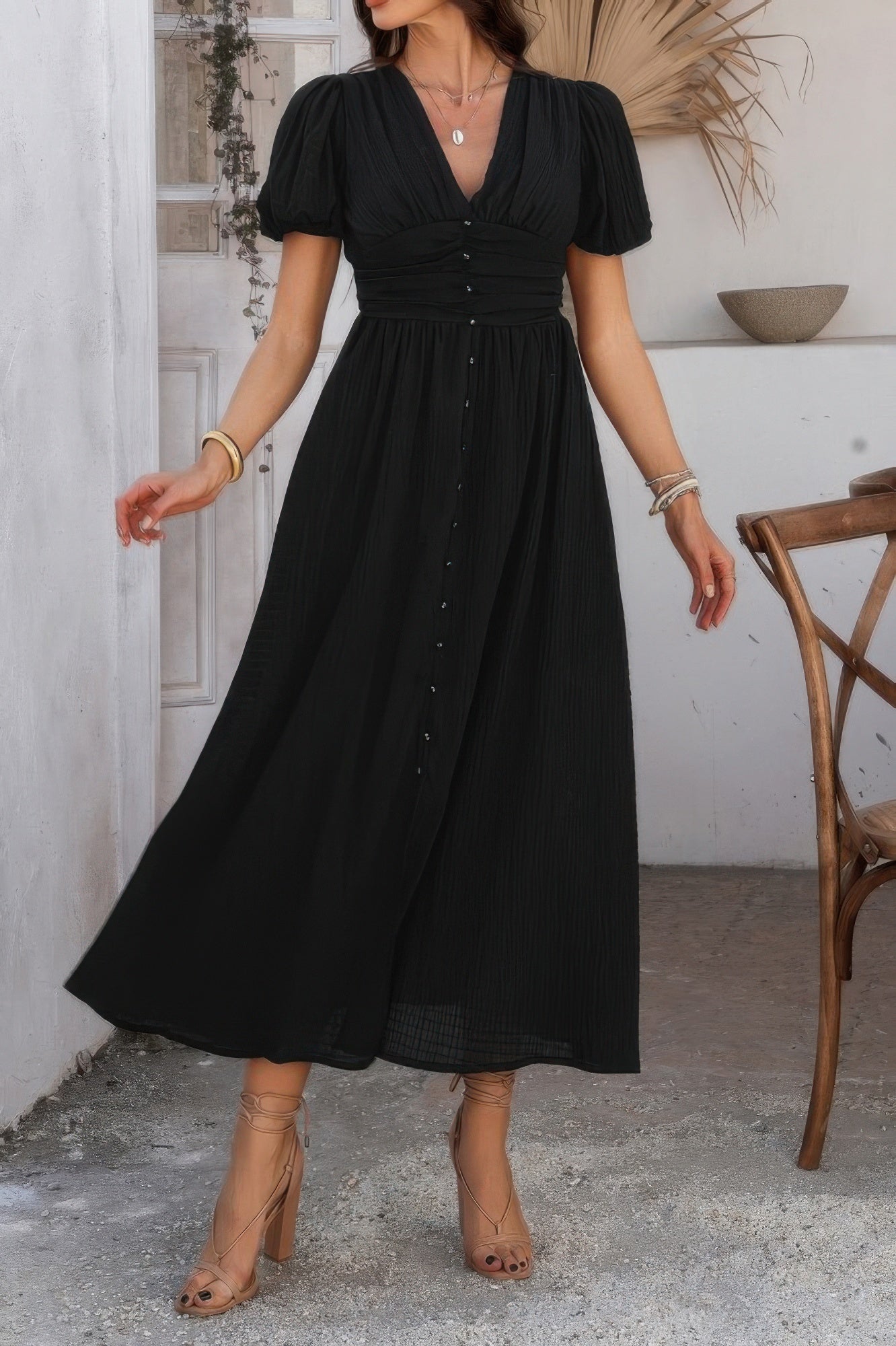 V-Neck Puff Sleeve Ruched Waist Dress Secondary image