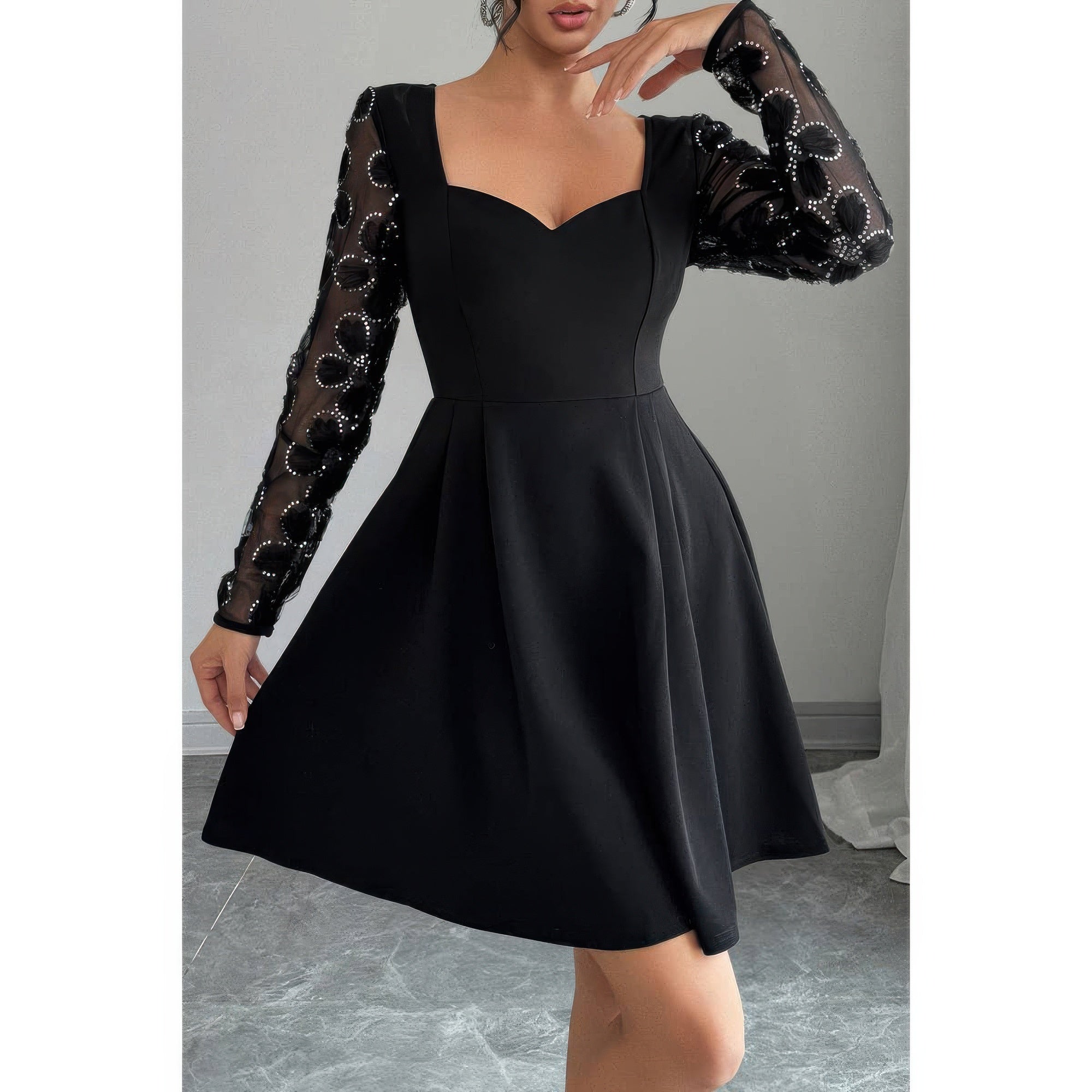 Black Plus Size Lace Sleeve Sequin Fit-and-Flare Dress Secondary image