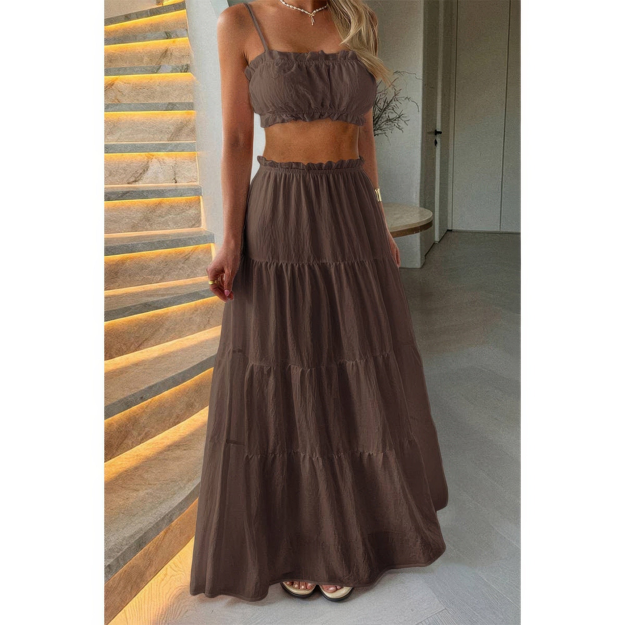 Sleeveless Ruched Top and Tiered Maxi Skirt Set Secondary image