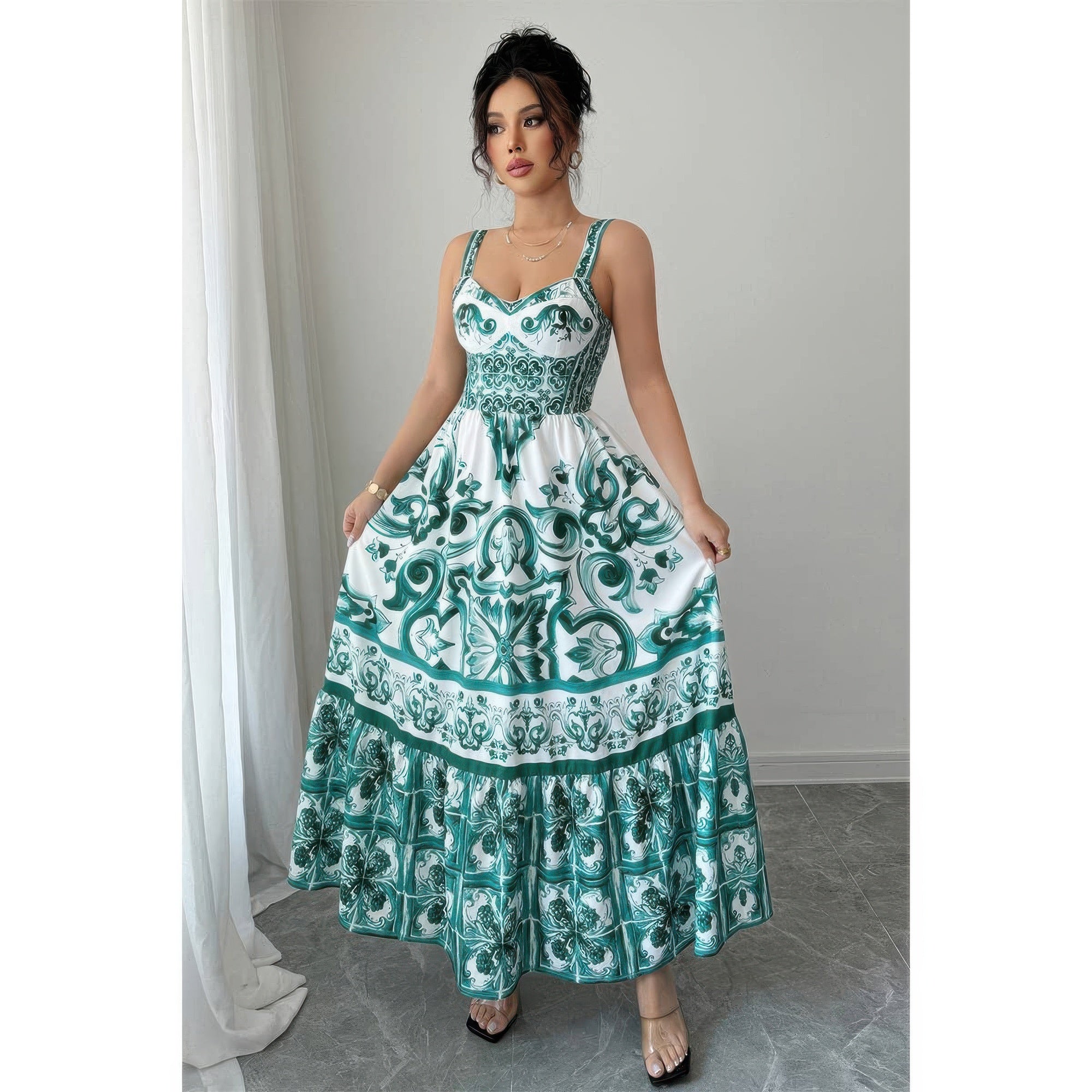Ornate Printed A-Line Long Dress with Straps Secondary image