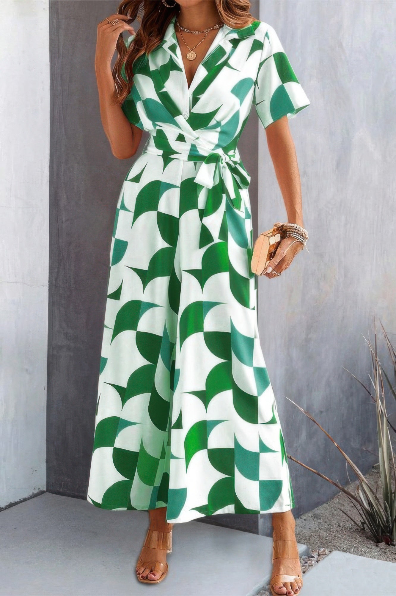 Green Geometric Print Belted Wide-Leg Jumpsuit Secondary image