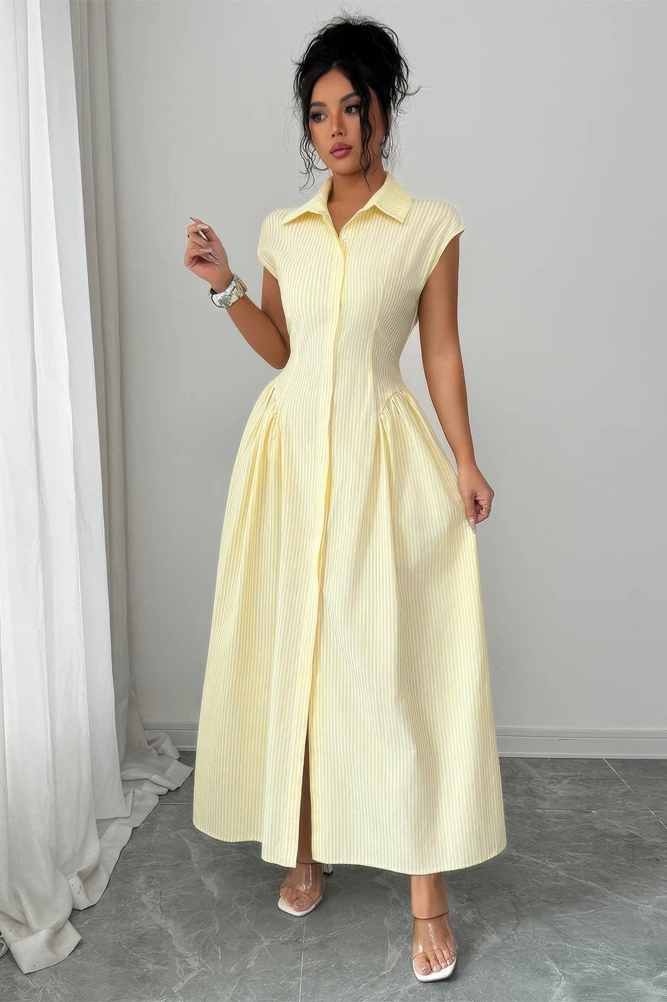 Yellow Collared Ruched-Waist Maxi Dress Secondary image