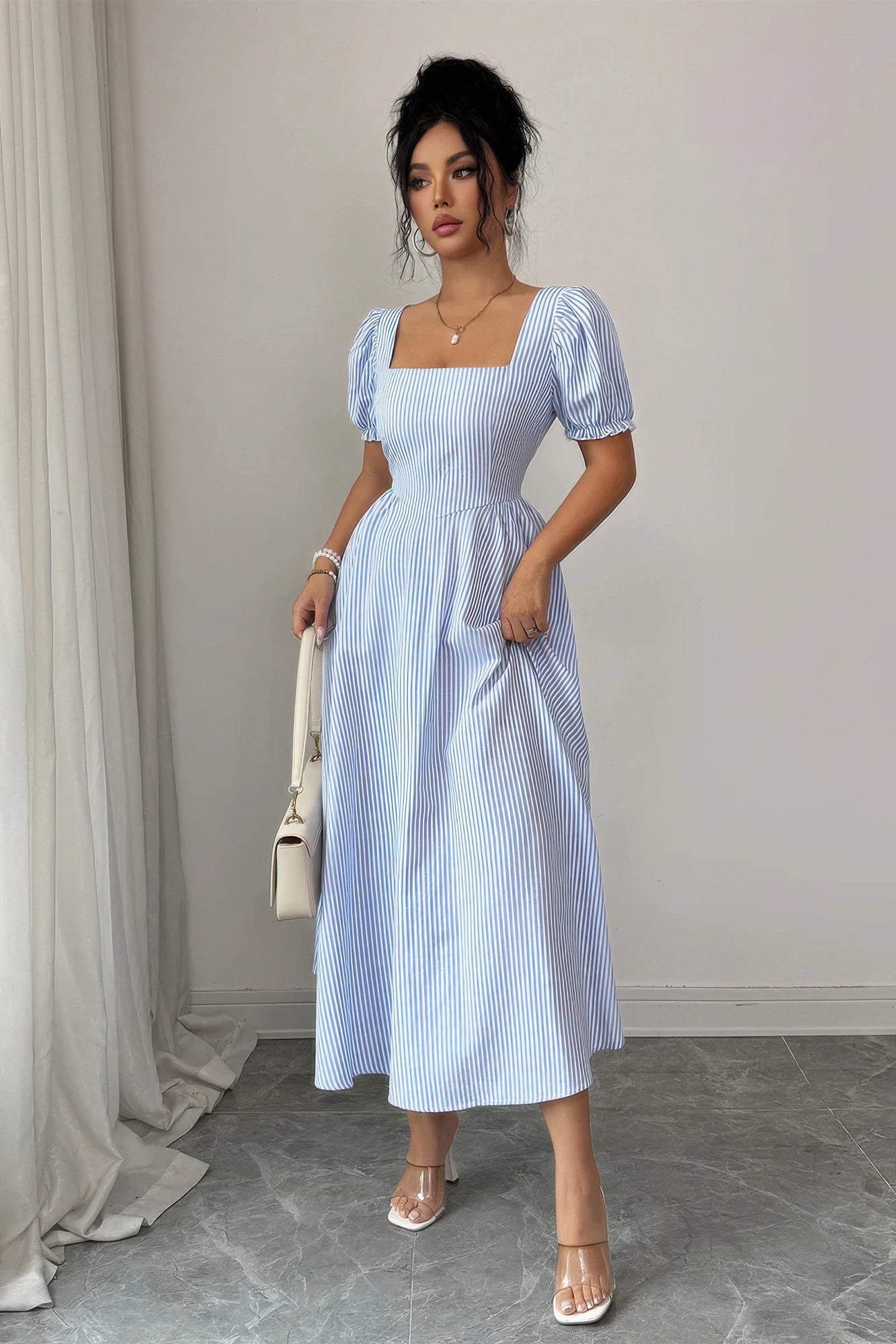 Striped Square-Neck Puff-Sleeve Midi Dress Secondary image
