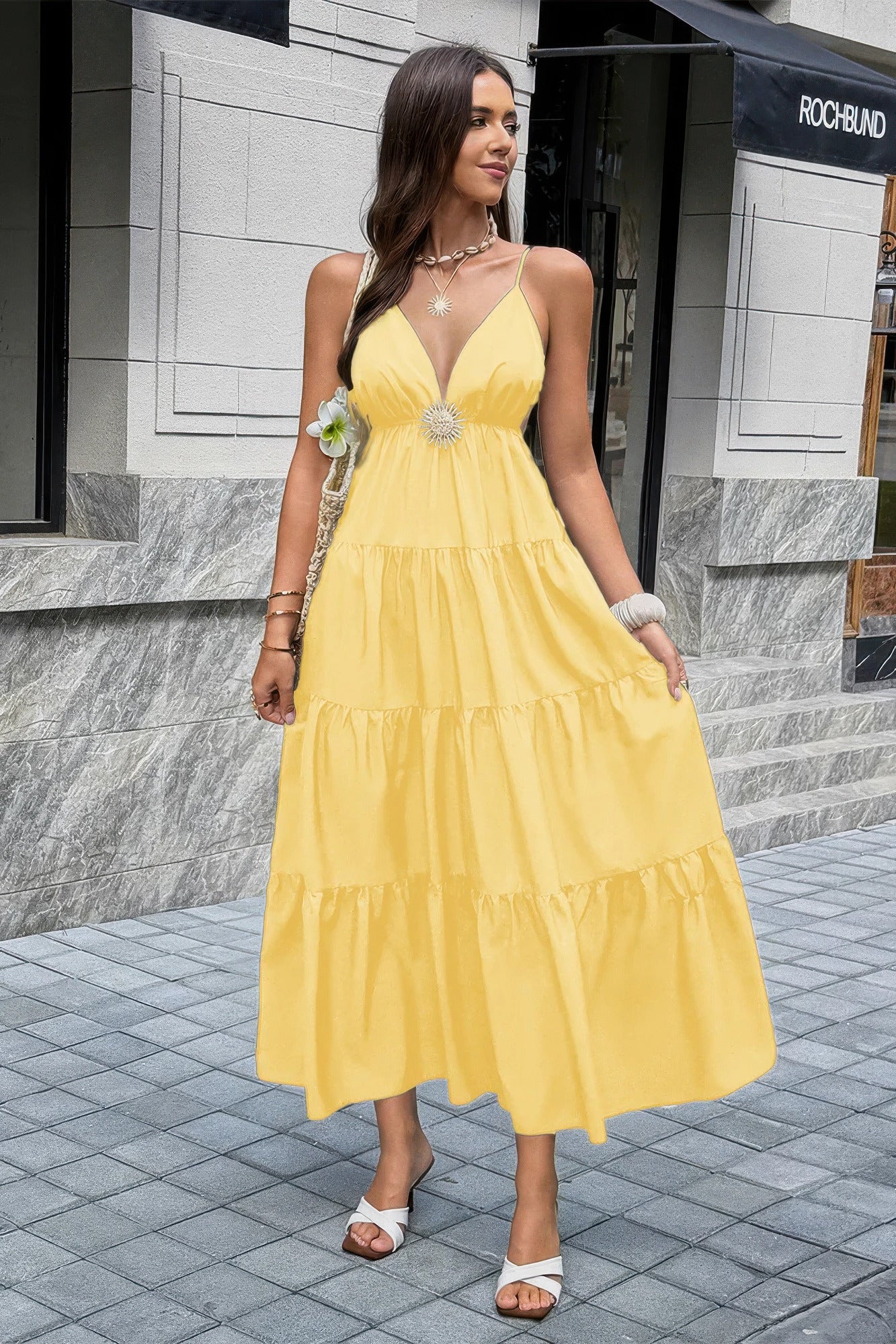 Tiered Full-Length Sleeveless Dress with Gold Waist Accent Secondary image