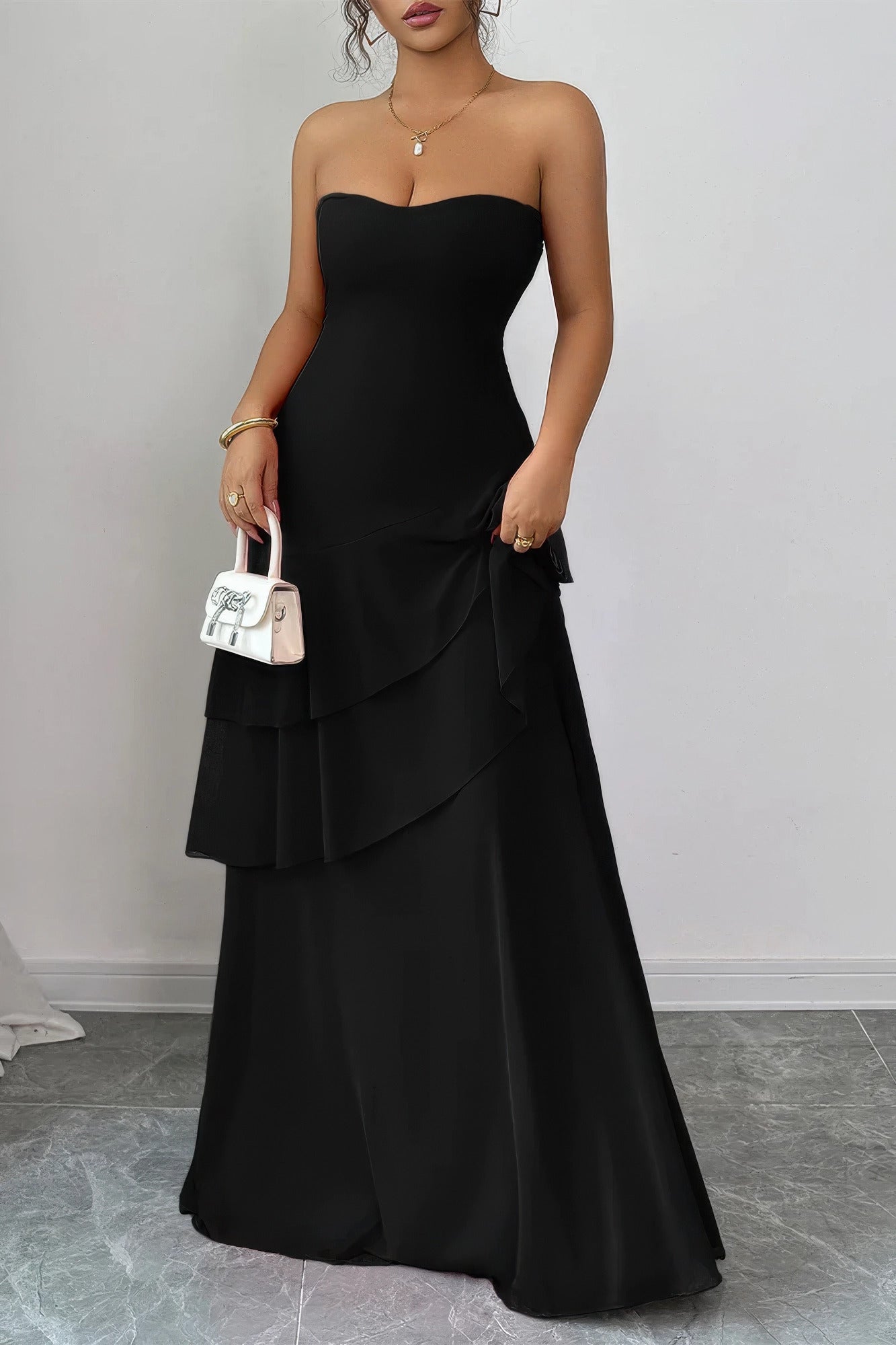 Black Strapless Layered Maxi Dress Secondary image