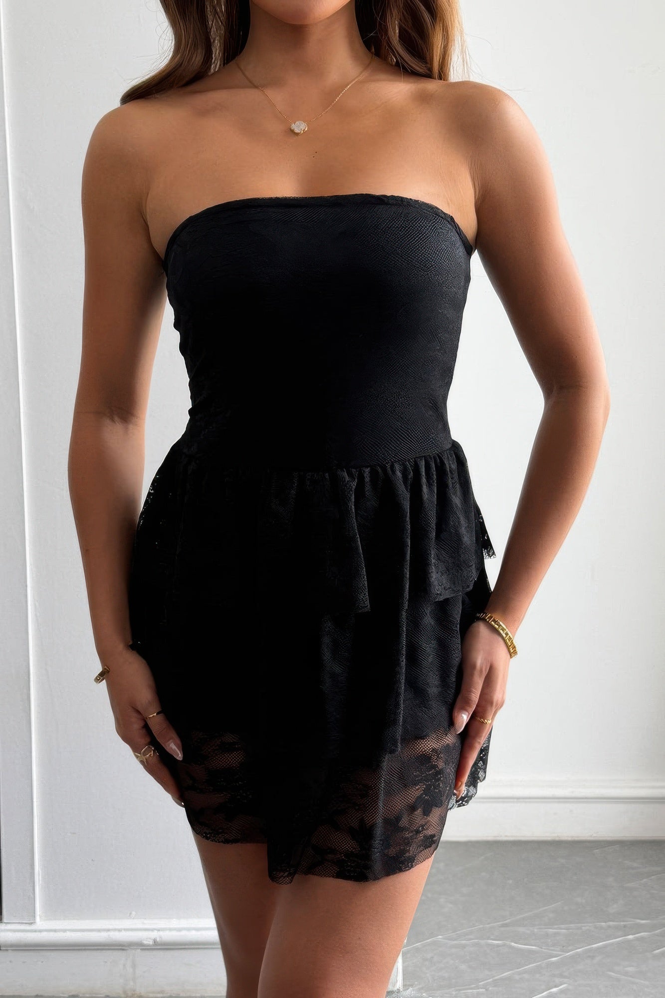 Black Strapless Lace Ruffle Mini Dress Secondary image
